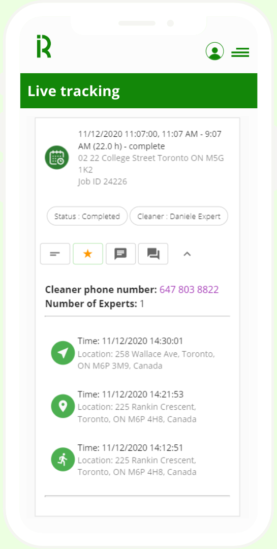 GPS_tracking A mobile phone displaying a chat conversation between a client and a cleaning service expert