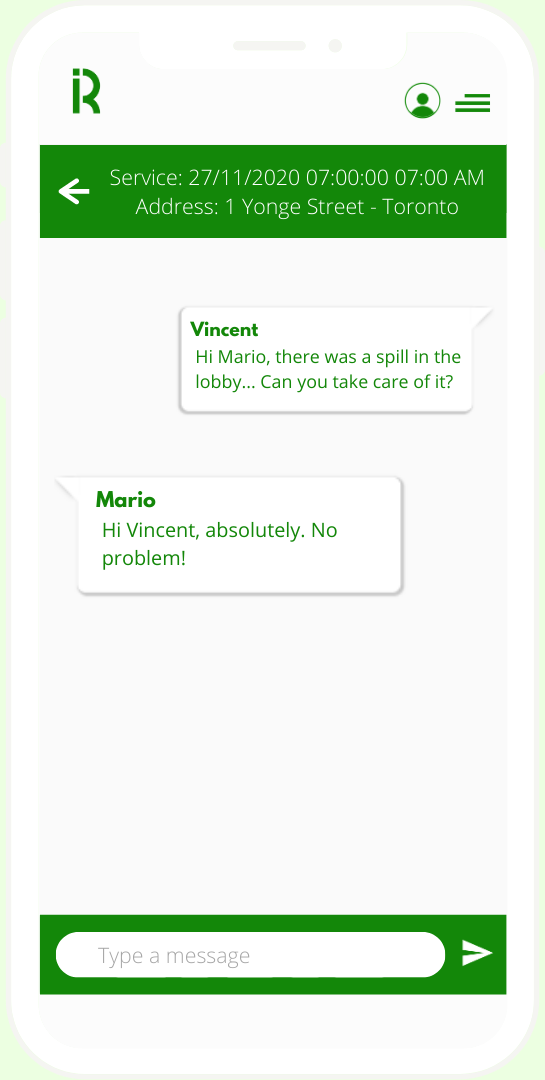 chat A mobile phone displaying a chat conversation between a client and a cleaning service expert